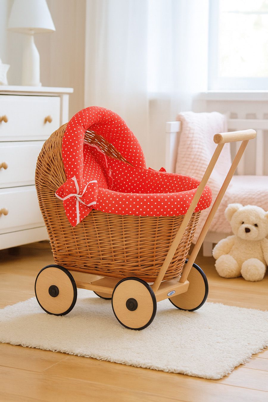 Wicker doll pushchair with red bedding and soft padding STELLA - natural