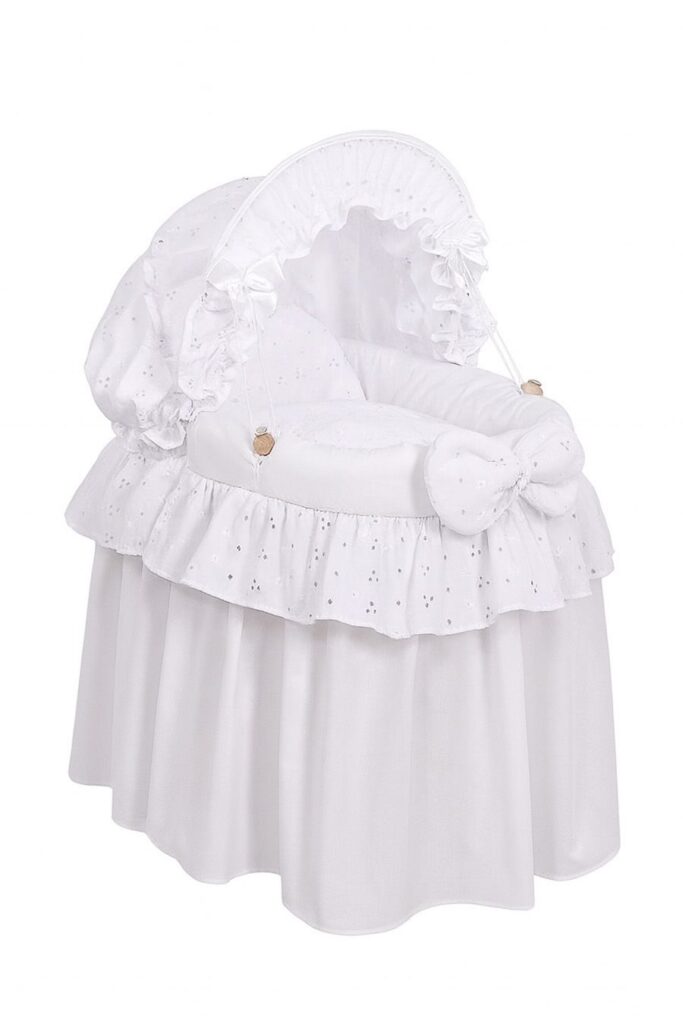 Wicker crib for doll Moses basket for dolls with hood AURORA white with embroidered lace