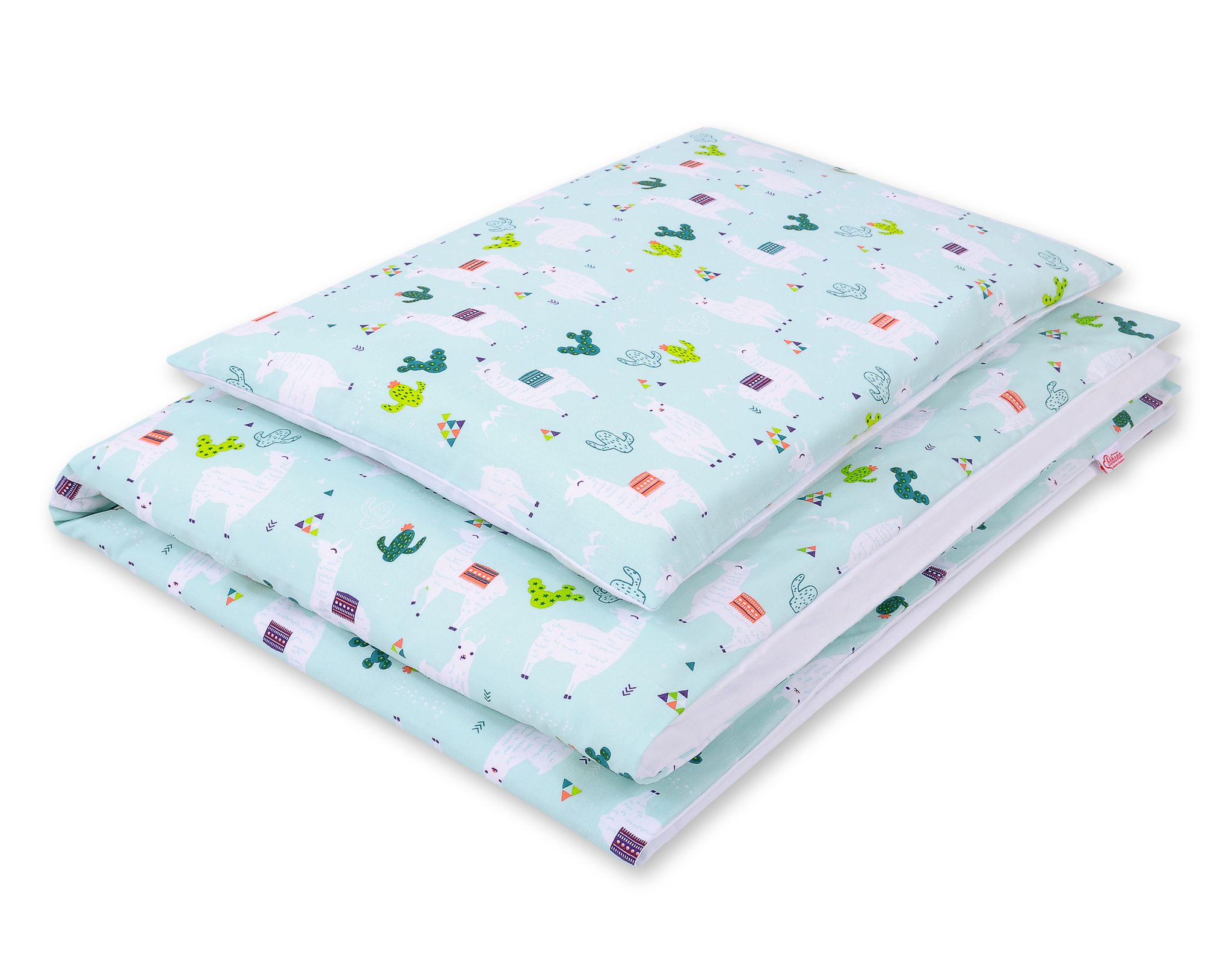 Kokvilnas gultasveļas komplekts zīdaiņiem, 2 daļas, 120 × 90 cm — lama, piparmētru krāsa/balts