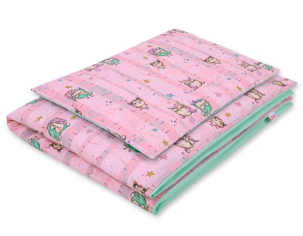 Kokvilnas bērnu gultasveļas komplekts, 2 daļas, 120 × 90 cm – rozā un piparmētru pūces