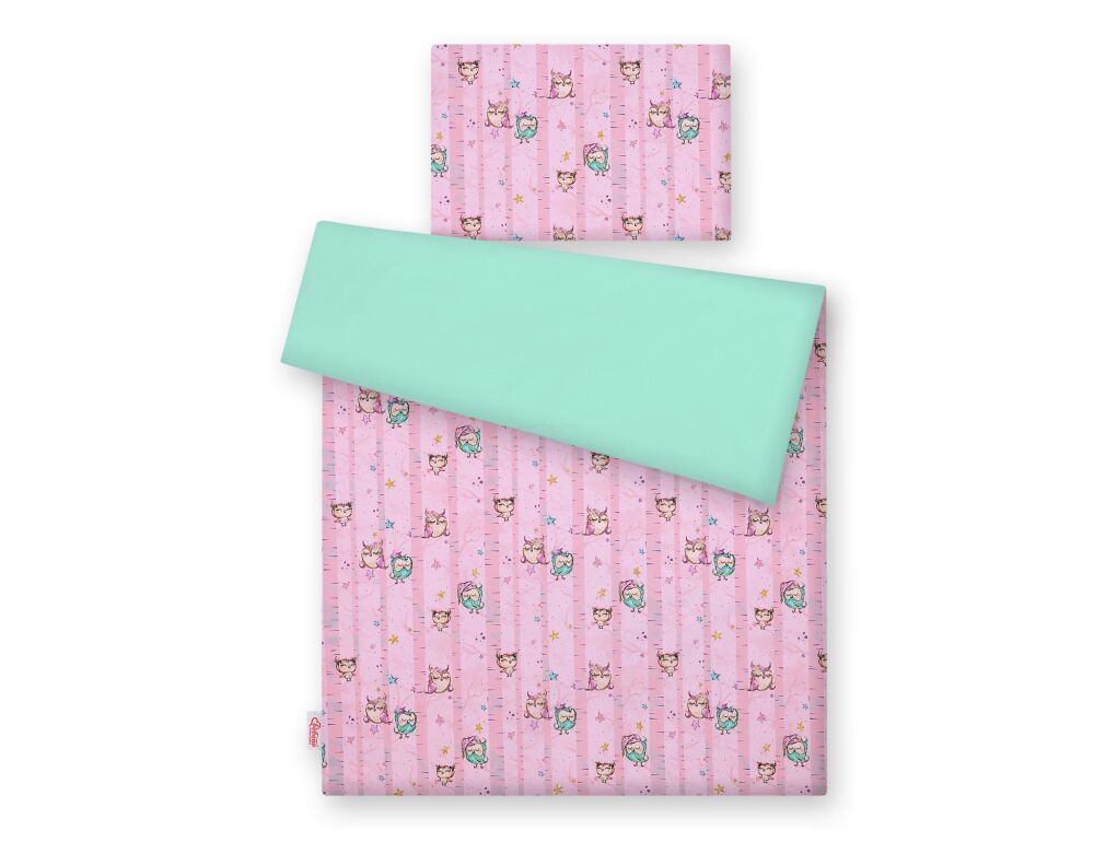 Kokvilnas bērnu gultasveļas komplekts, 2 daļas, 120 × 90 cm – rozā un piparmētru pūces