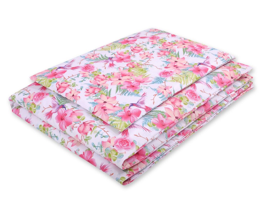 2 daļu kokvilnas gultasveļas komplekts mazulim, 120 × 90 cm – kolibri ziedos