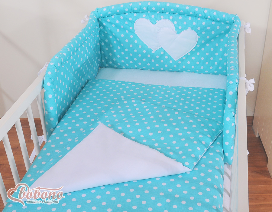 Bedding set 2-pcs- Hanging Hearts white dots on turquoise