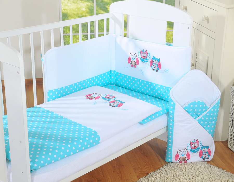 Baby bedding set 135x100 cm with bumper 3-pcs Turquoise Owls with pink and turquoise embroidery