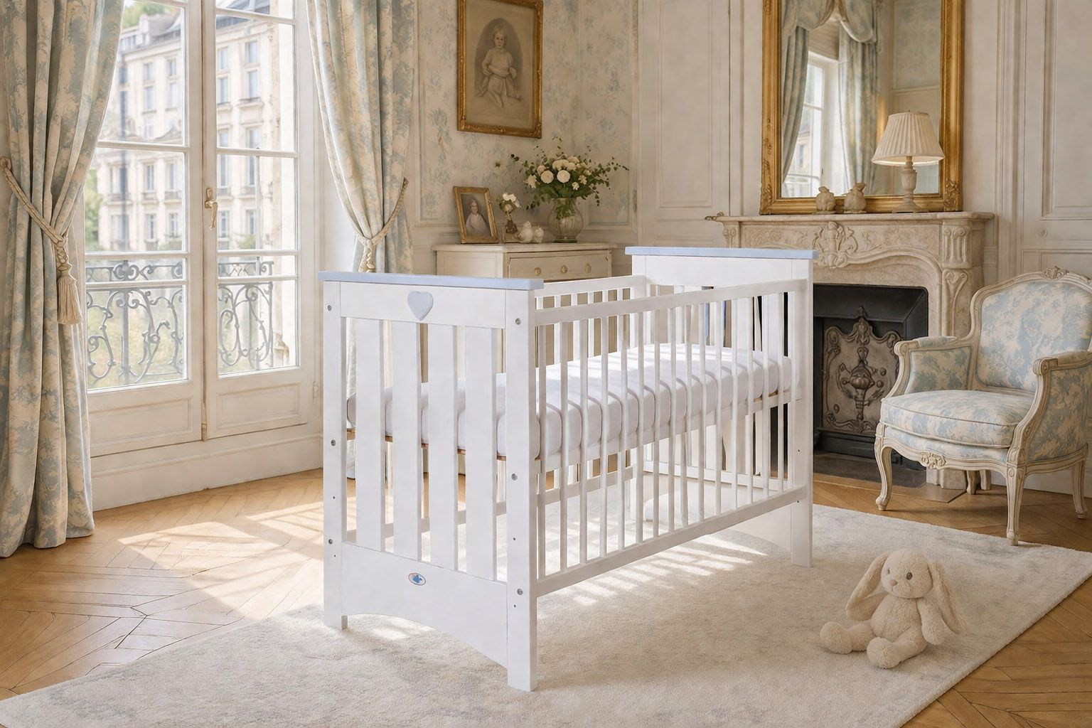 Koka bērnu gultiņa Lorenzo III, 120 × 60 cm, balta ar pelēku, ar zobu šķilšanās aizsarglīsti