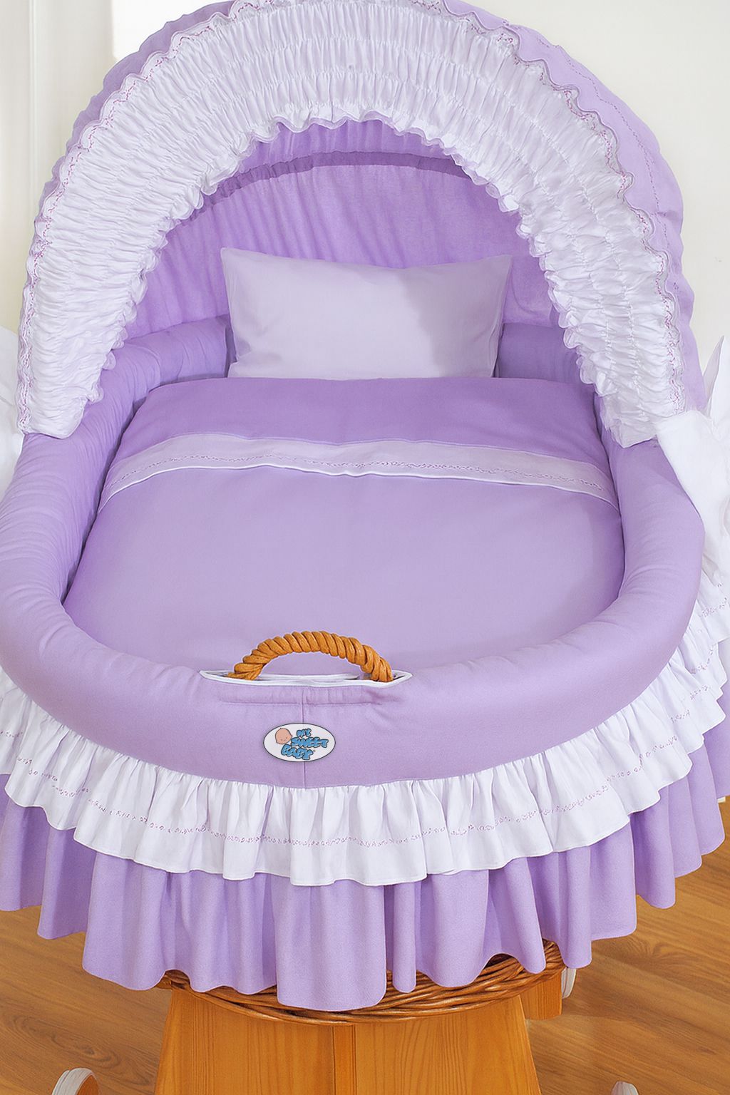 Moses Basket Wicker hood crib Bellamy - natural + lila bedding