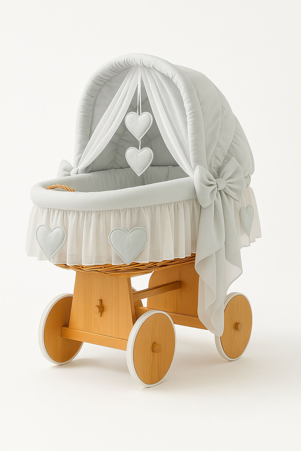 Moses Basket Wicker hood crib Amelie - natural + gray bedding