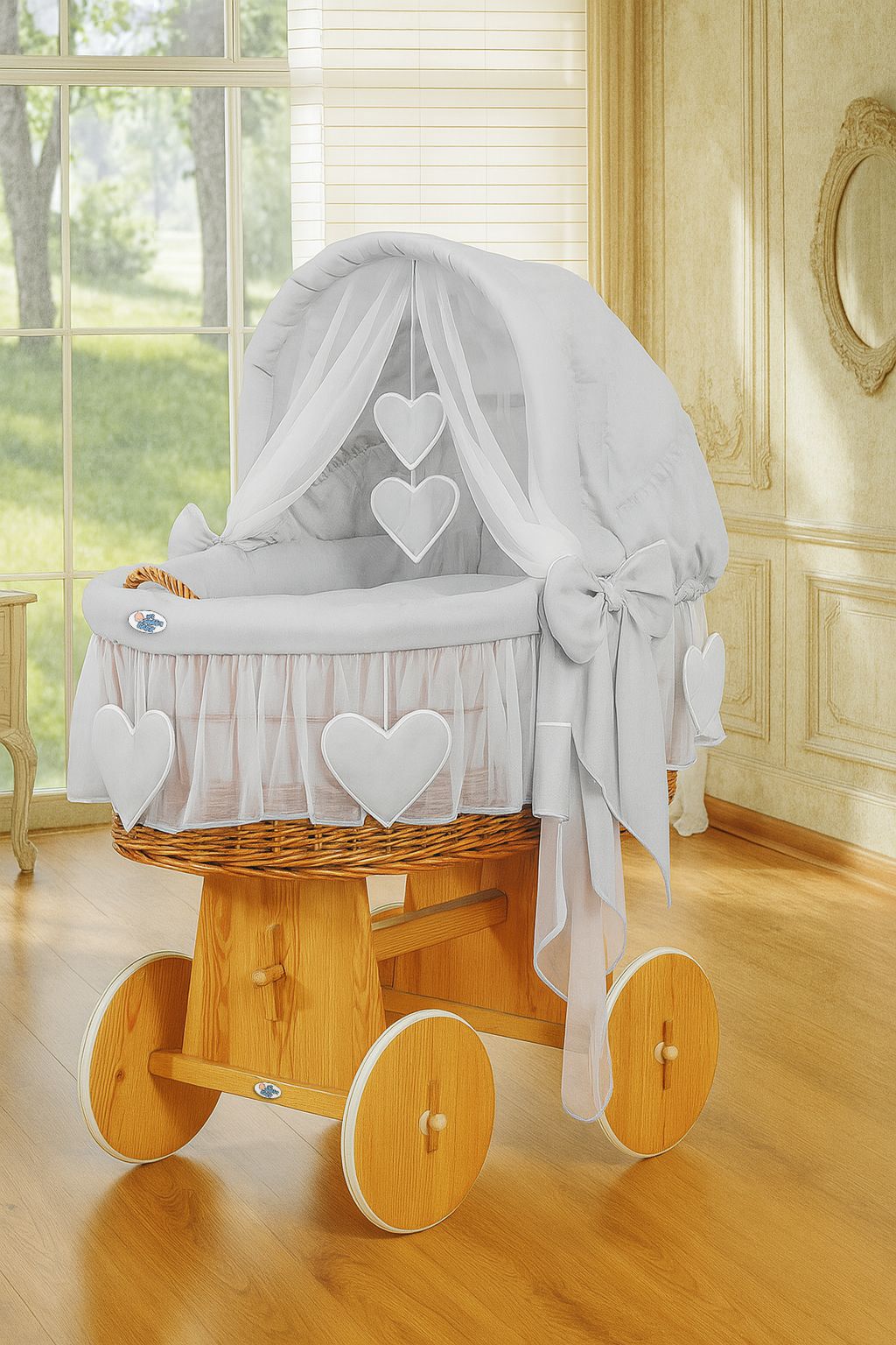 Moses Basket Wicker hood crib Amelie - natural + gray bedding