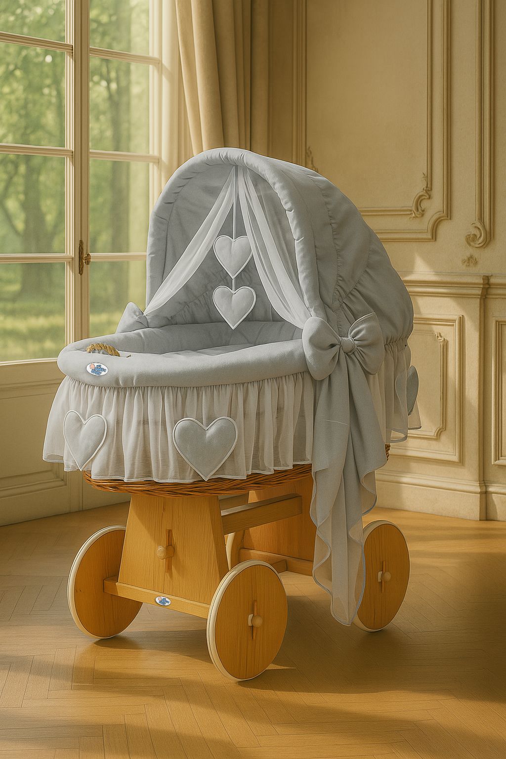 Moses Basket Wicker hood crib Amelie - natural + gray bedding