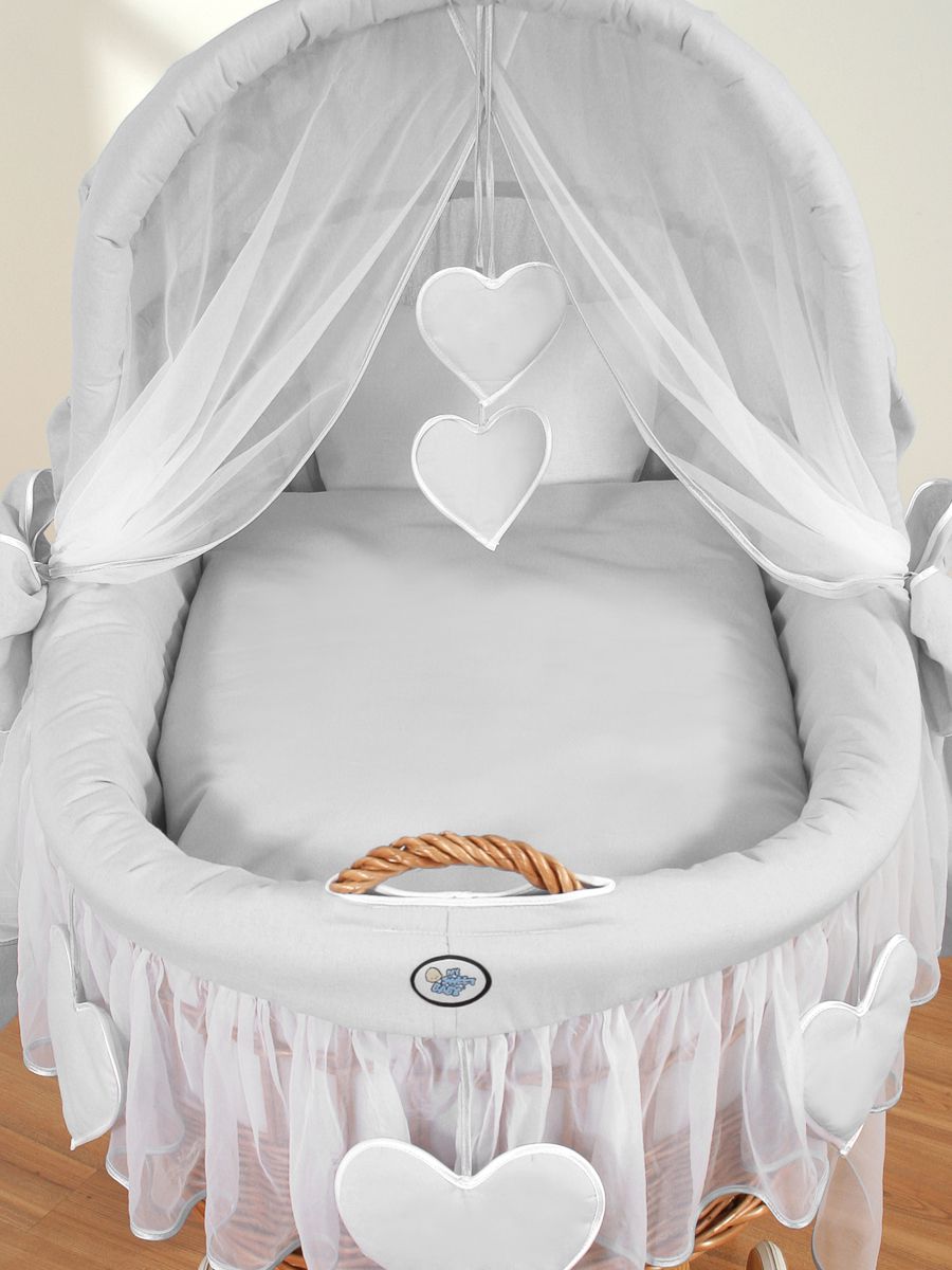 Moses Basket Wicker hood crib Amelie - natural + gray bedding