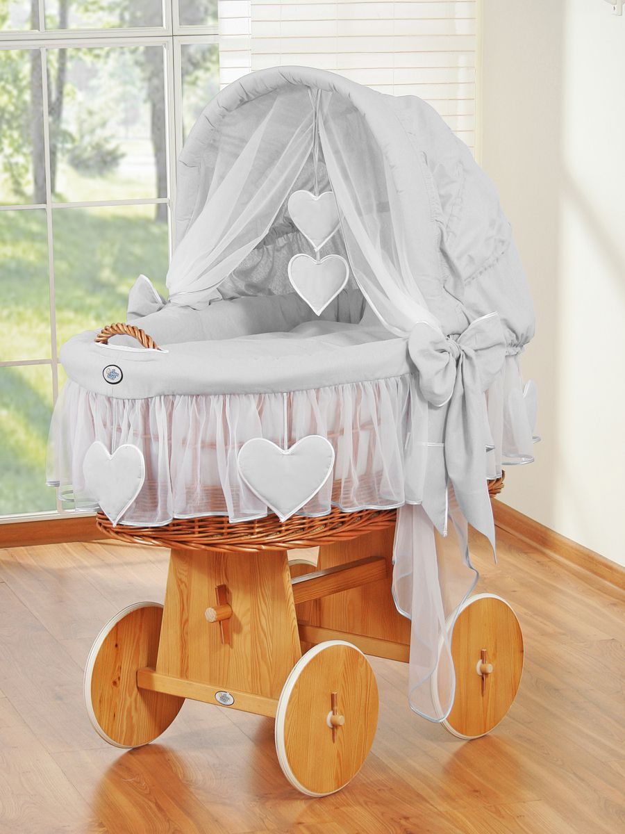 Moses Basket Wicker hood crib Amelie - natural + gray bedding