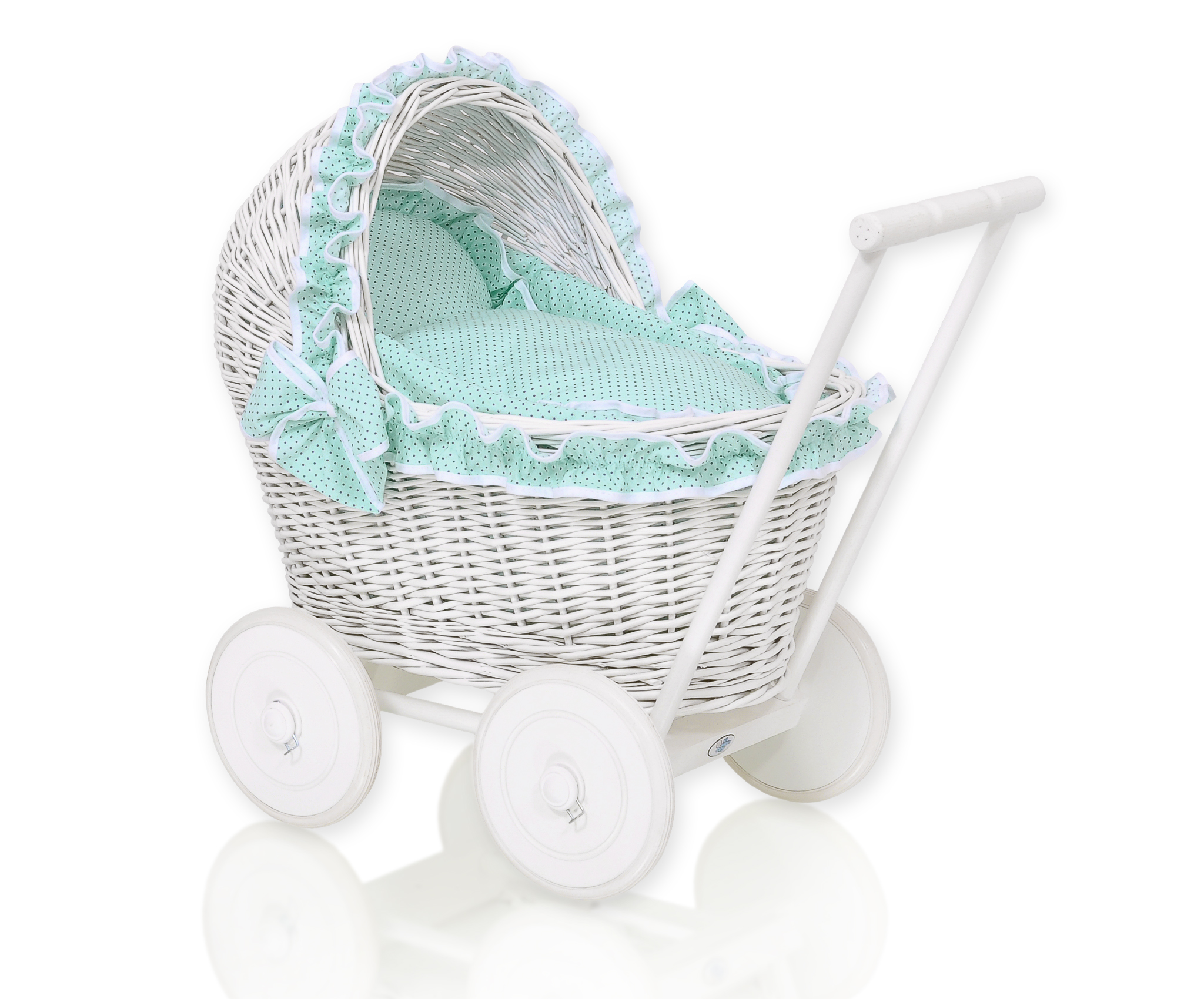 Wicker doll pushchair white with mint bedding and soft padding CHIARA
