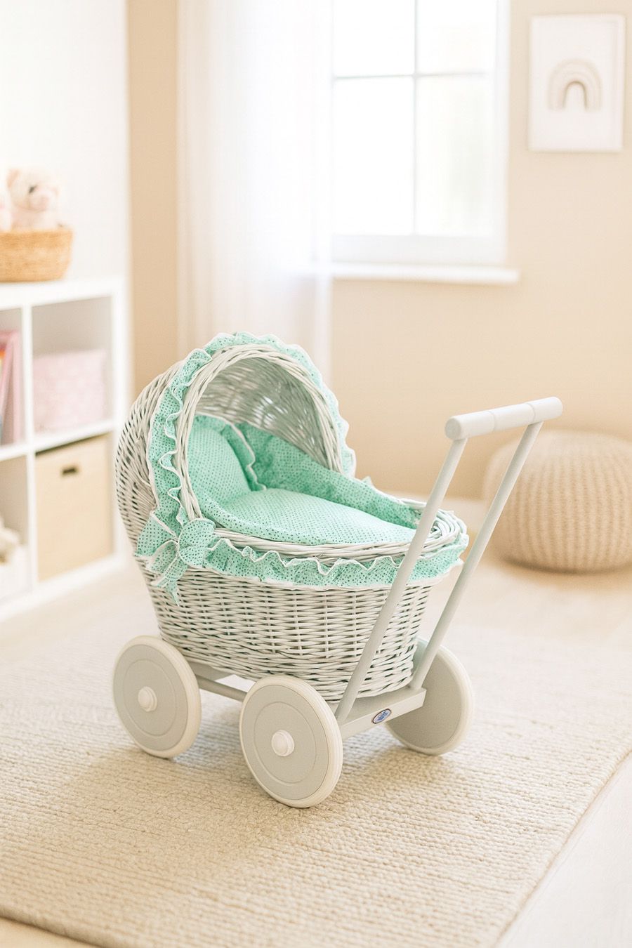 Wicker doll pushchair white with mint bedding and soft padding CHIARA