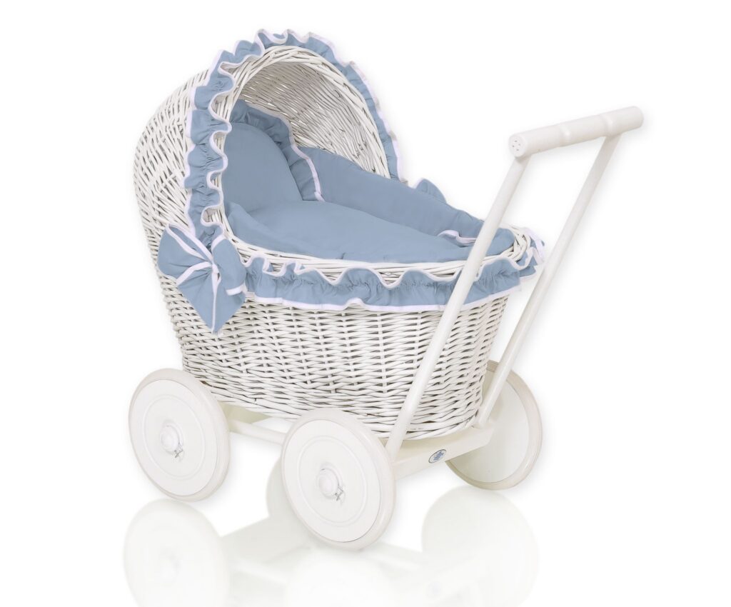 Wicker doll pushchairwhite with bedding dusty blue and soft padding CHIARA