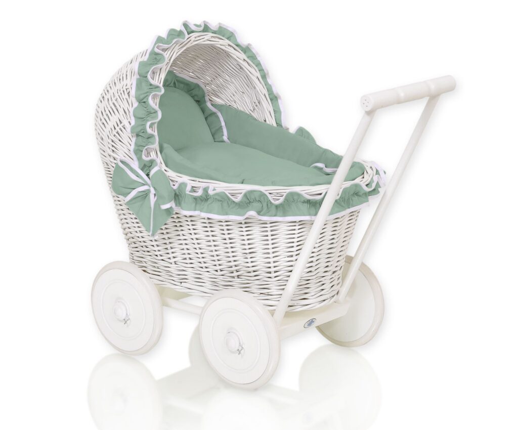 Wicker doll pushchairwhite with sage bedding and soft padding CHIARA
