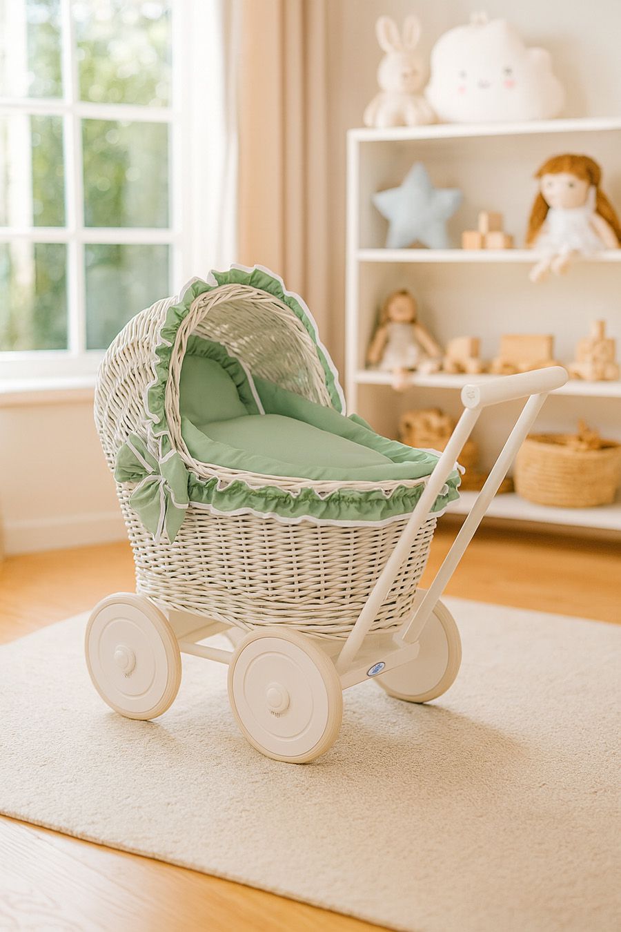 Wicker doll pushchairwhite with sage bedding and soft padding CHIARA