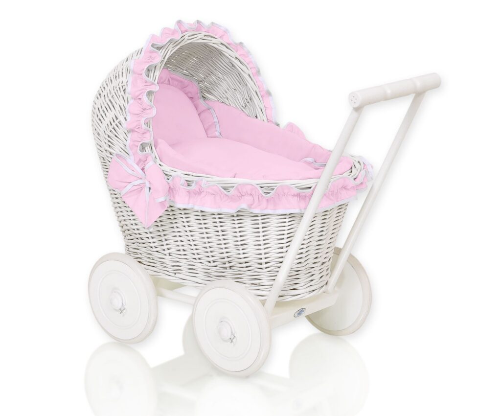 Wicker doll pushchairwhite with pink bedding and soft padding CHIARA