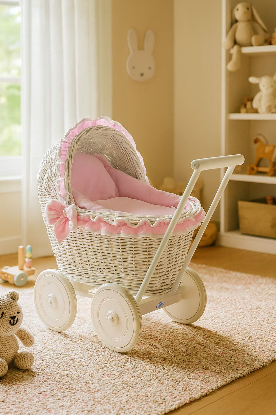 Wicker doll pushchairwhite with pink bedding and soft padding CHIARA