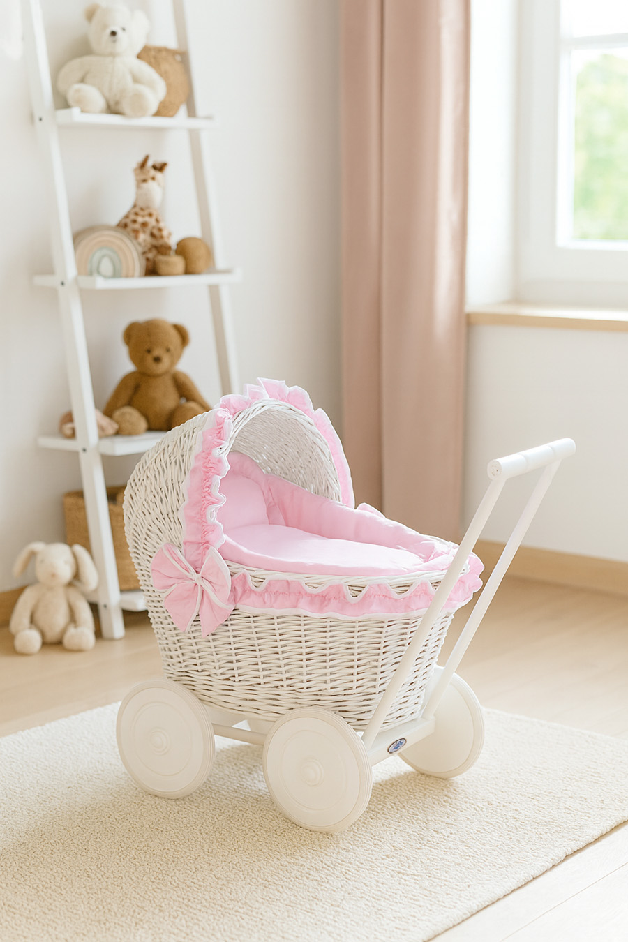 Wicker doll pushchairwhite with pink bedding and soft padding CHIARA