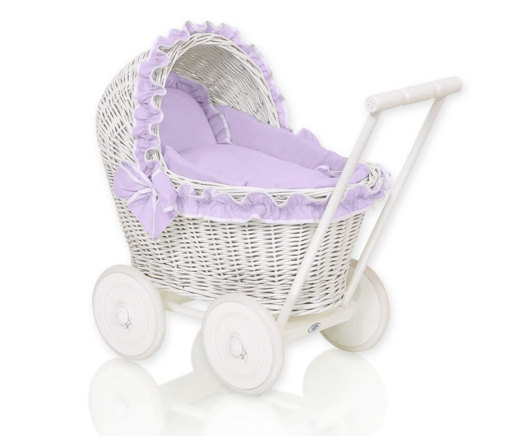 Wicker doll pushchairwhite with lila bedding and soft padding CHIARA