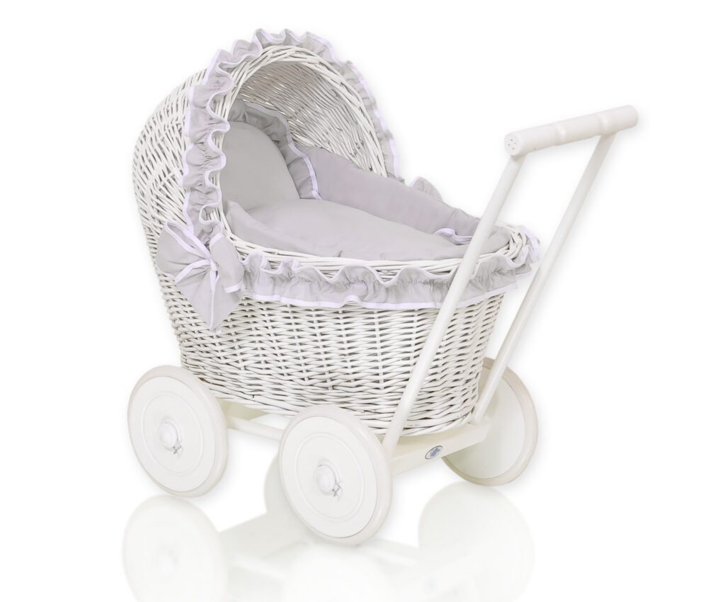 Wicker doll pushchairwhite with grey bedding and soft padding CHIARA — modelis 71702-523