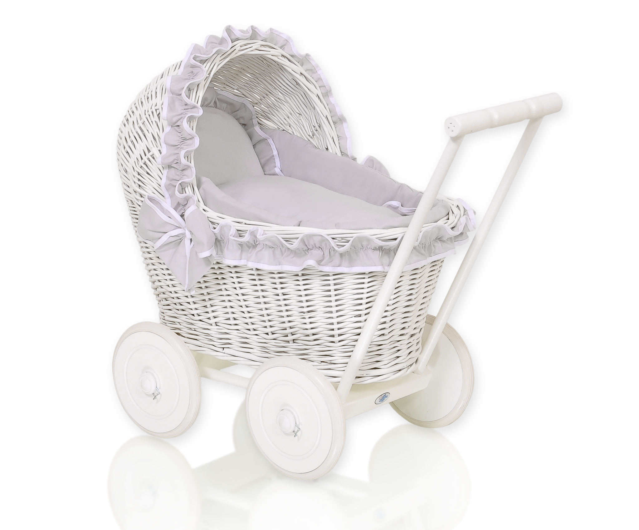 Wicker doll pushchairwhite with grey bedding and soft padding CHIARA — modelis 71702-523