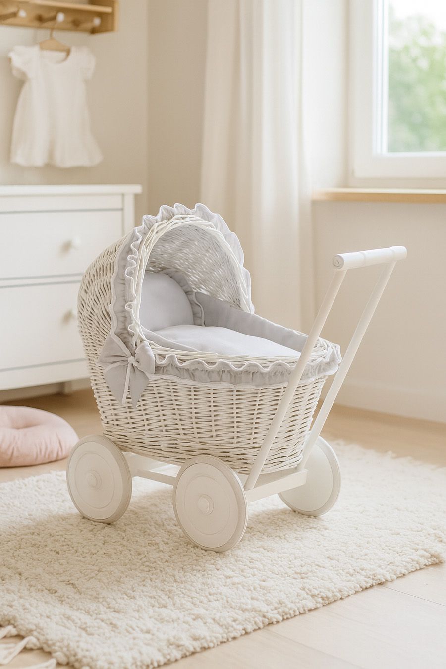 Wicker doll pushchairwhite with grey bedding and soft padding CHIARA — modelis 71702-523
