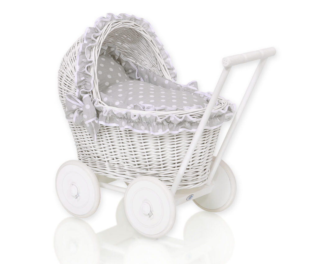 Wicker doll pushchair white with grey bedding and soft padding CHIARA — modelis 71702-583