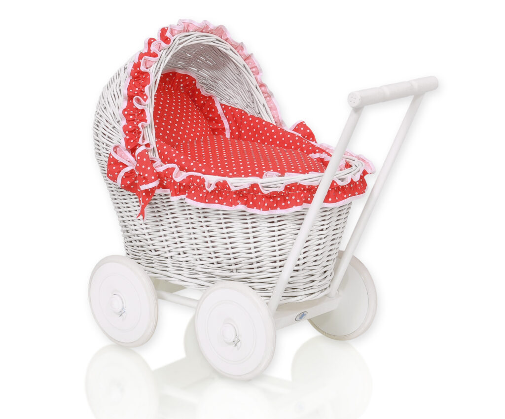 Wicker doll pushchair white with red bedding and soft padding CHIARA