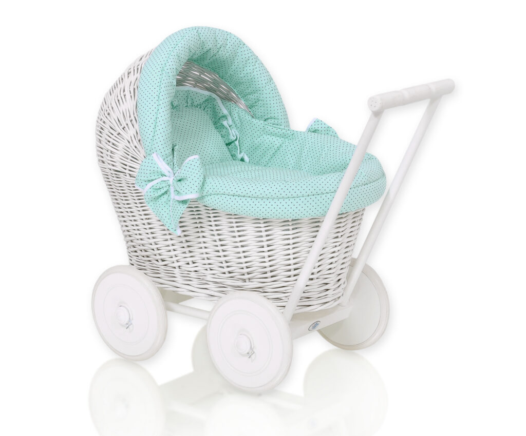Wicker doll pushchair white with mint bedding and soft padding STELLA
