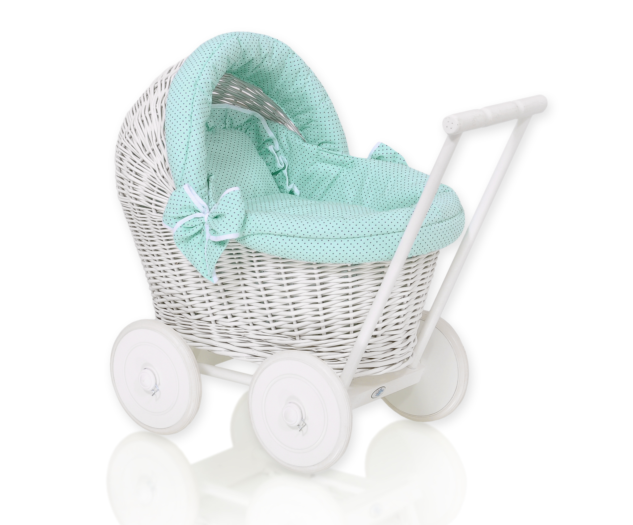 Wicker doll pushchair white with mint bedding and soft padding STELLA