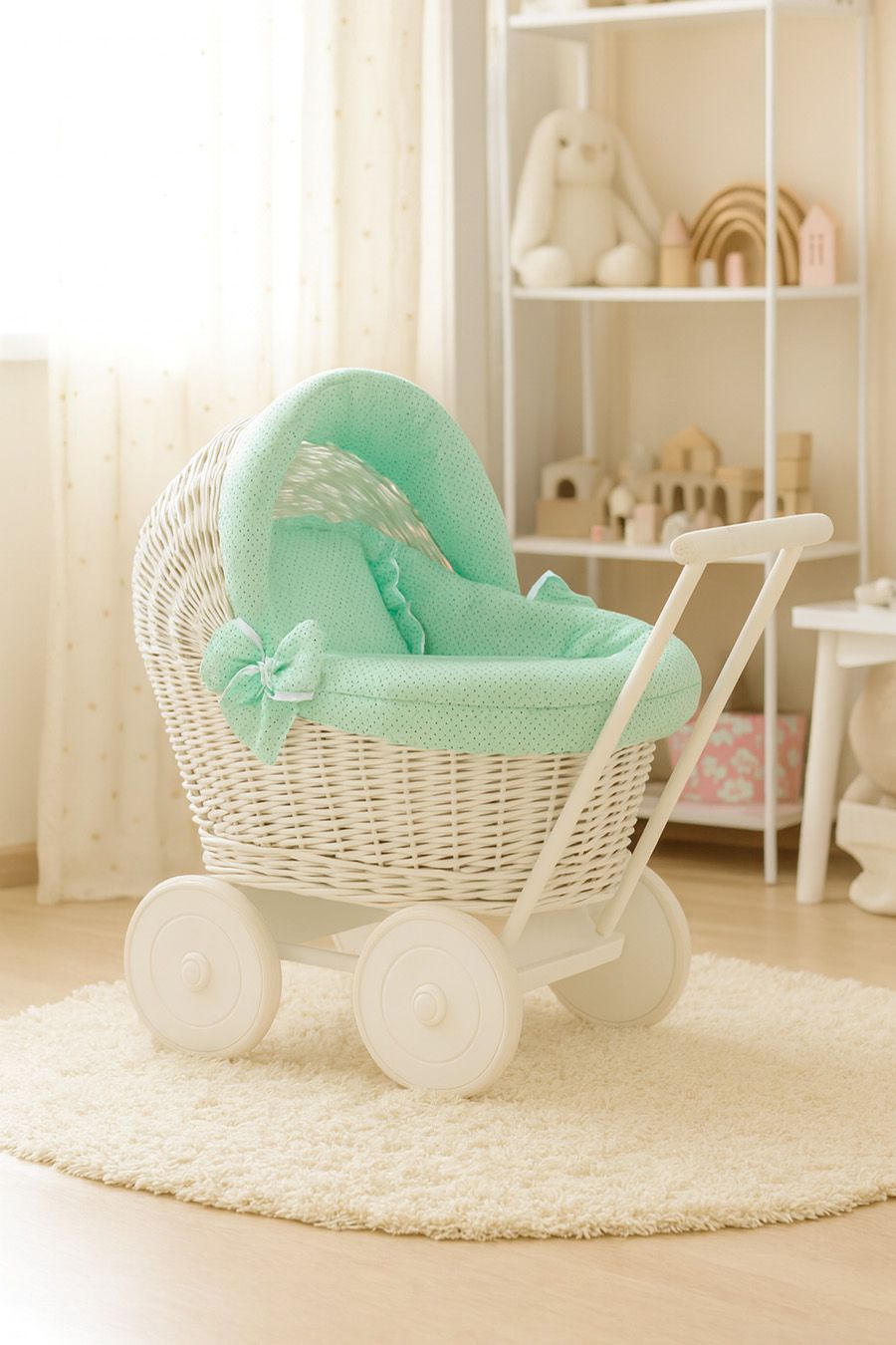 Wicker doll pushchair white with mint bedding and soft padding STELLA