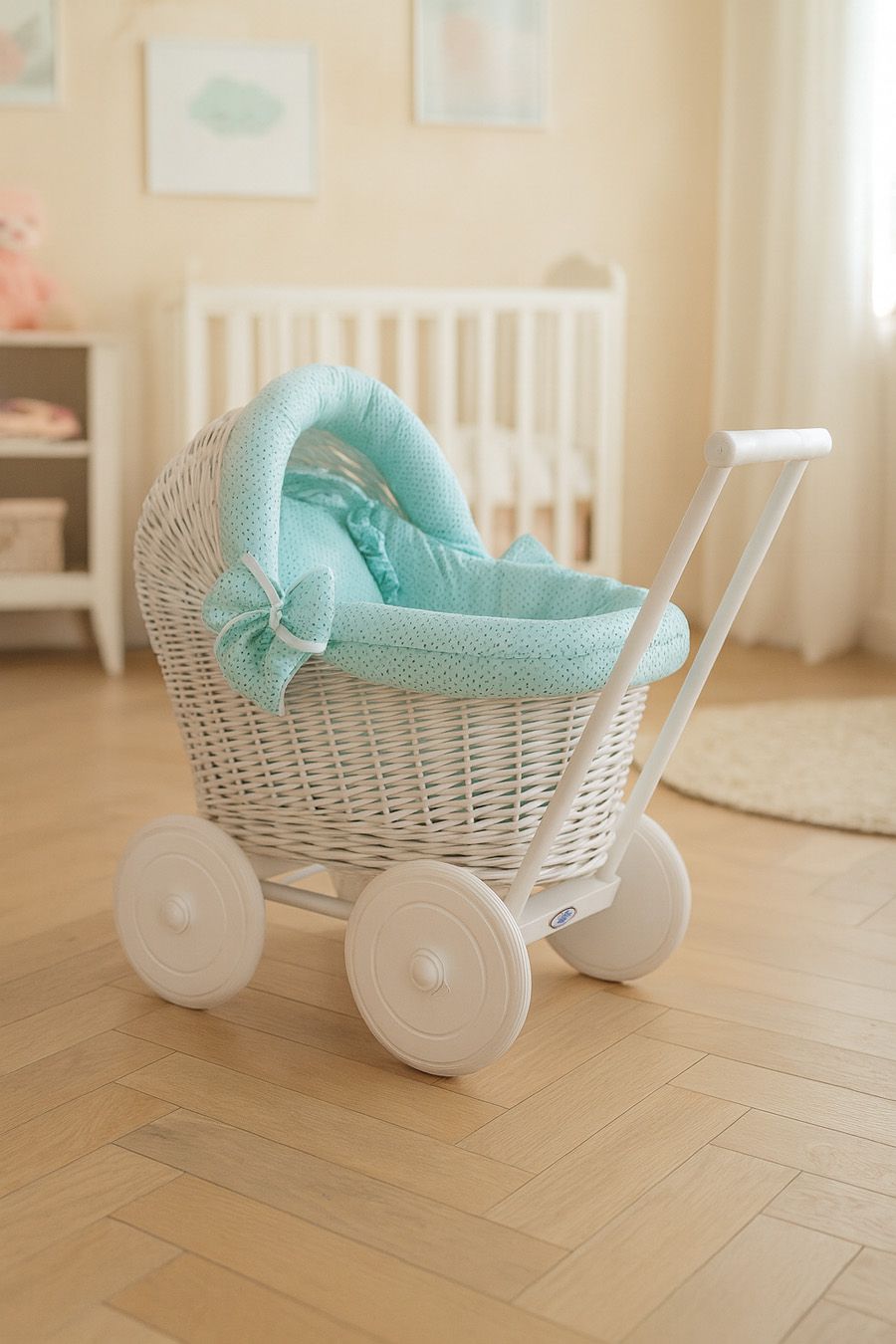 Wicker doll pushchair white with mint bedding and soft padding STELLA