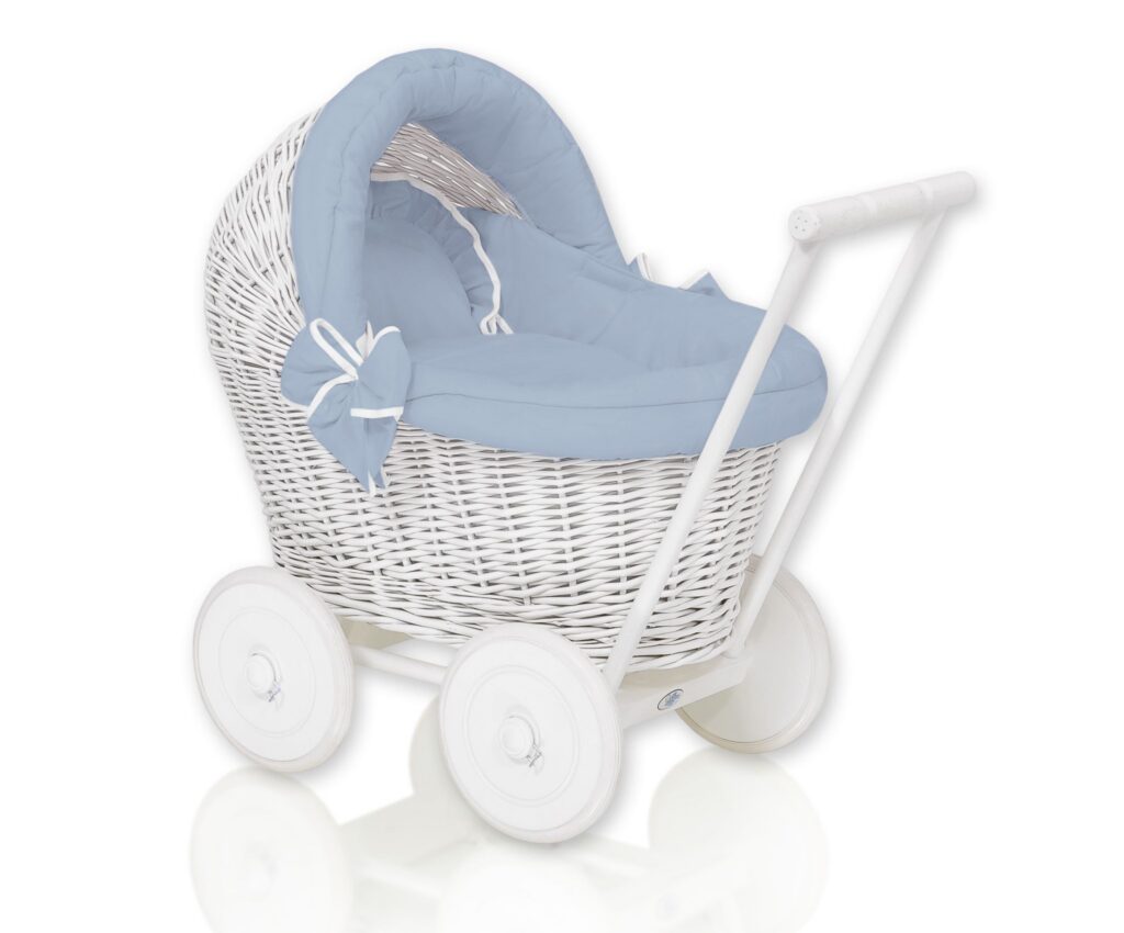Wicker doll pushchair white with bedding dusty blue and soft padding STELLA