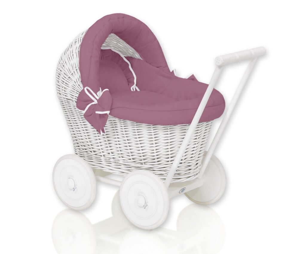 Wicker doll pushchair white with bedding dusty rose and soft padding STELLA