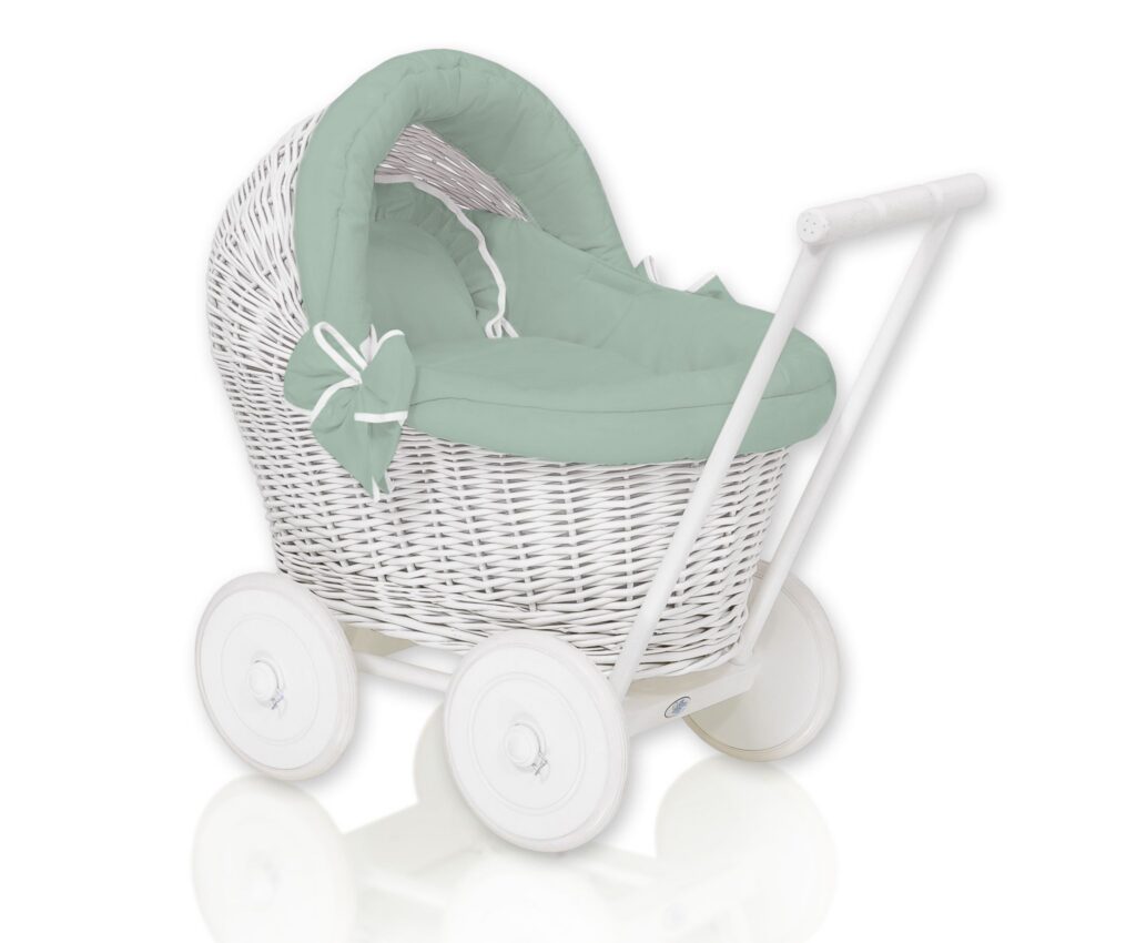 Wicker doll pushchair white with sage bedding and soft padding STELLA