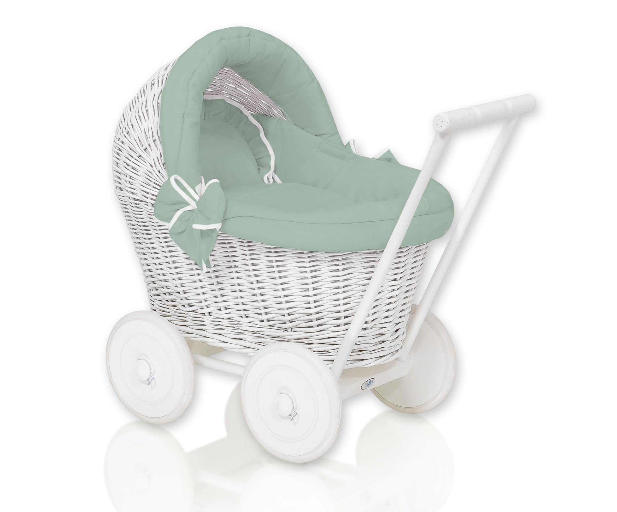 Wicker doll pushchair white with sage bedding and soft padding STELLA