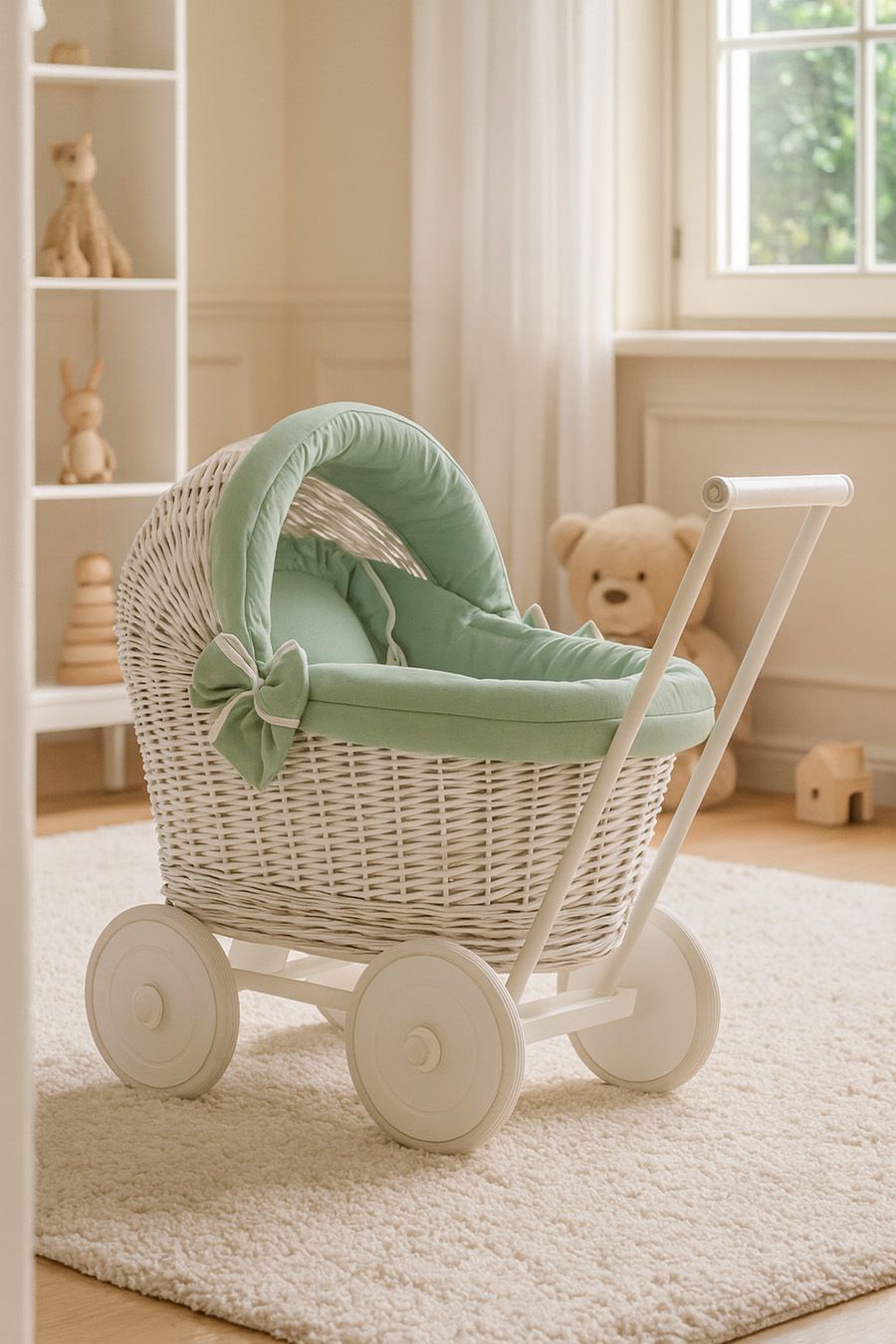 Wicker doll pushchair white with sage bedding and soft padding STELLA