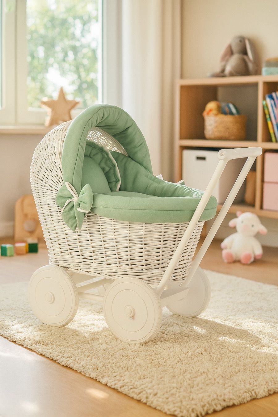 Wicker doll pushchair white with sage bedding and soft padding STELLA