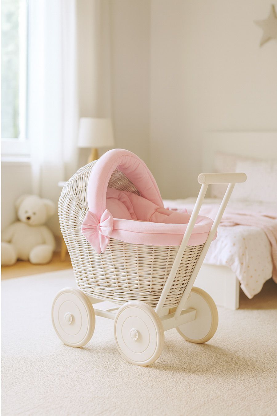 Wicker doll pushchair white with pink bedding and soft padding STELLA