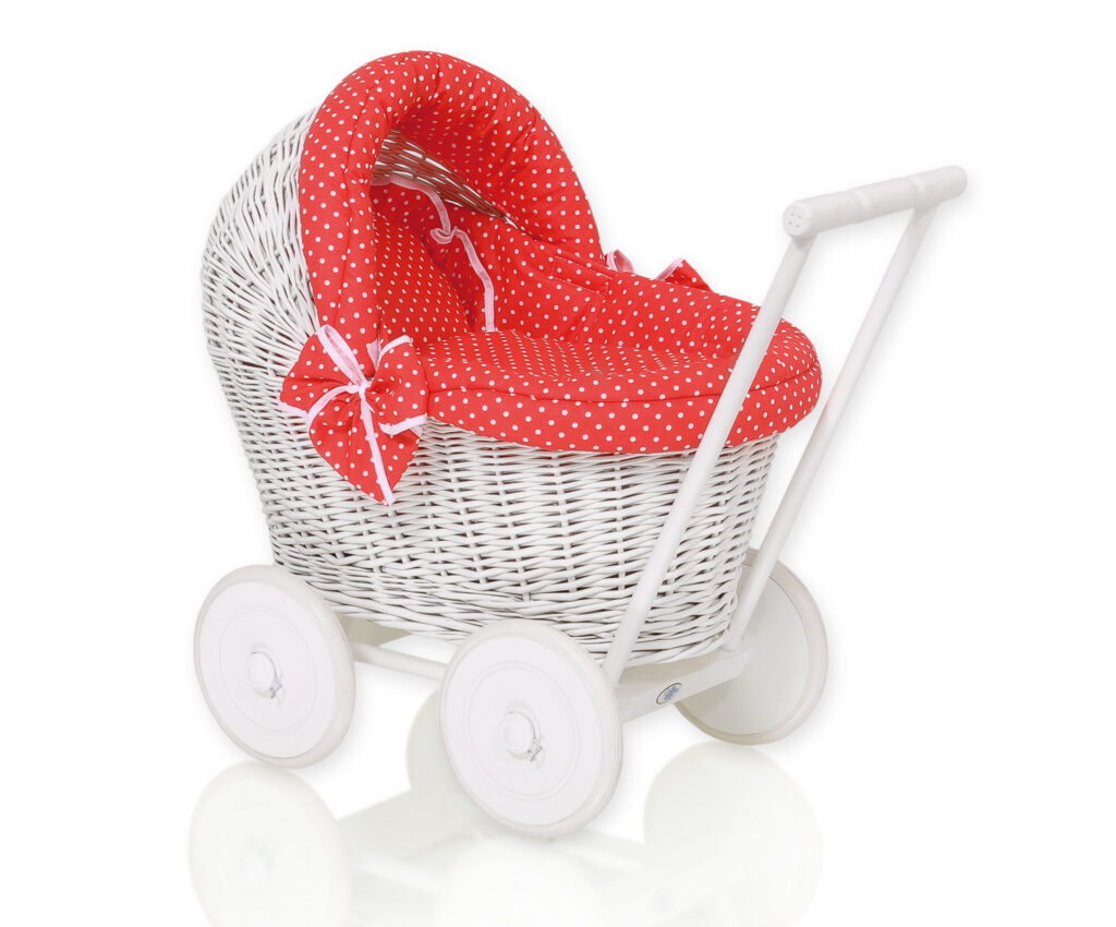 Wicker doll pushchair white with red bedding and soft padding STELLA