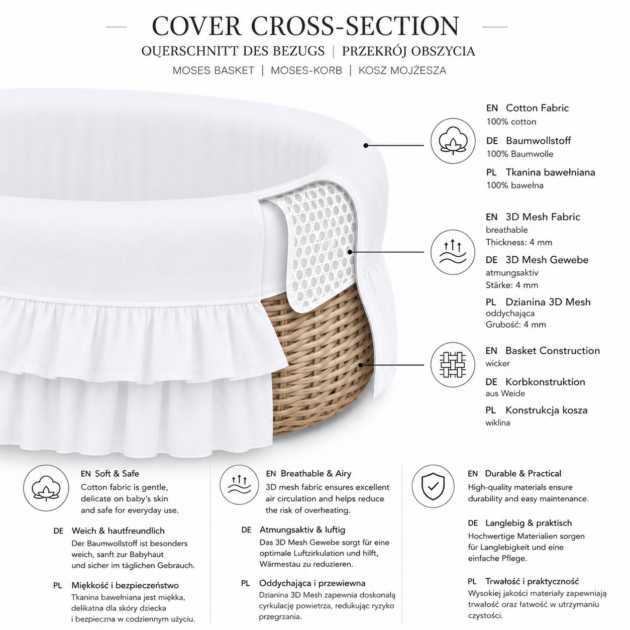 Moses Basket Wicker drape crib - Little Princess pink
