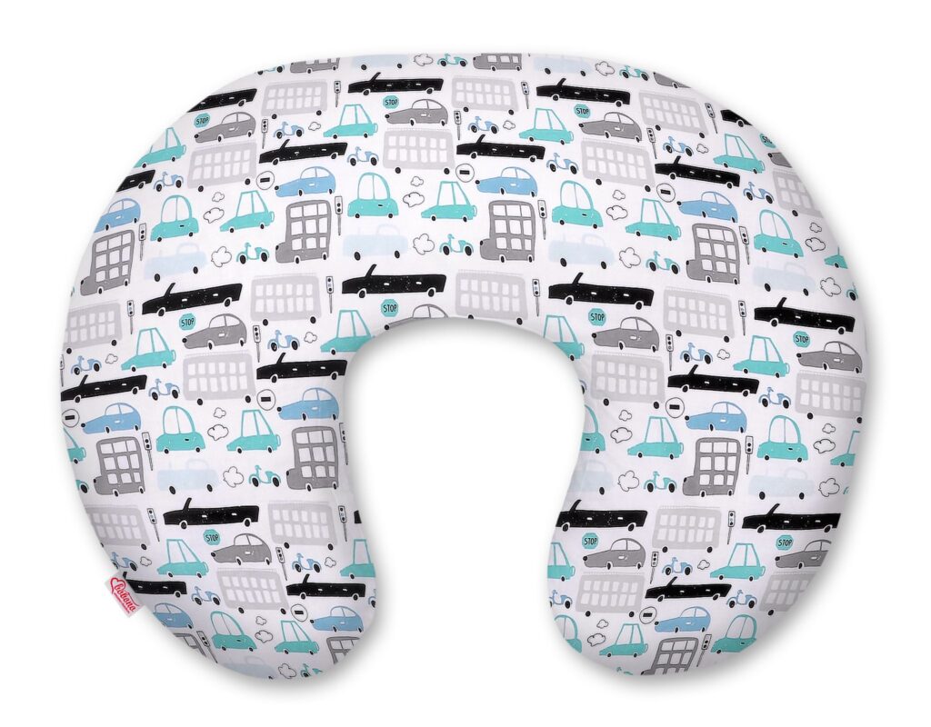 Breastfeeding Pillow Nursing Croissant Pillow, removable, Hands-Free Feedin- gray and turquoise cars