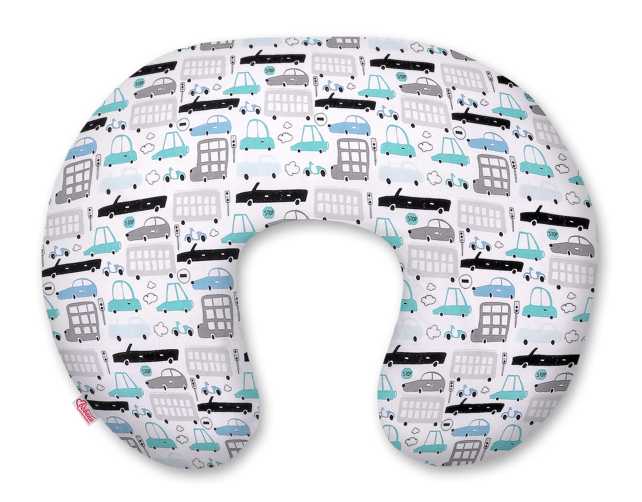 Breastfeeding Pillow Nursing Croissant Pillow, removable, Hands-Free Feedin- gray and turquoise cars