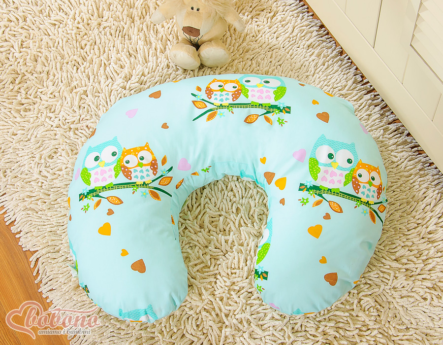 Breastfeeding Pillow Nursing Croissant Pillow, removable, Hands-Free Feeding - mint owls