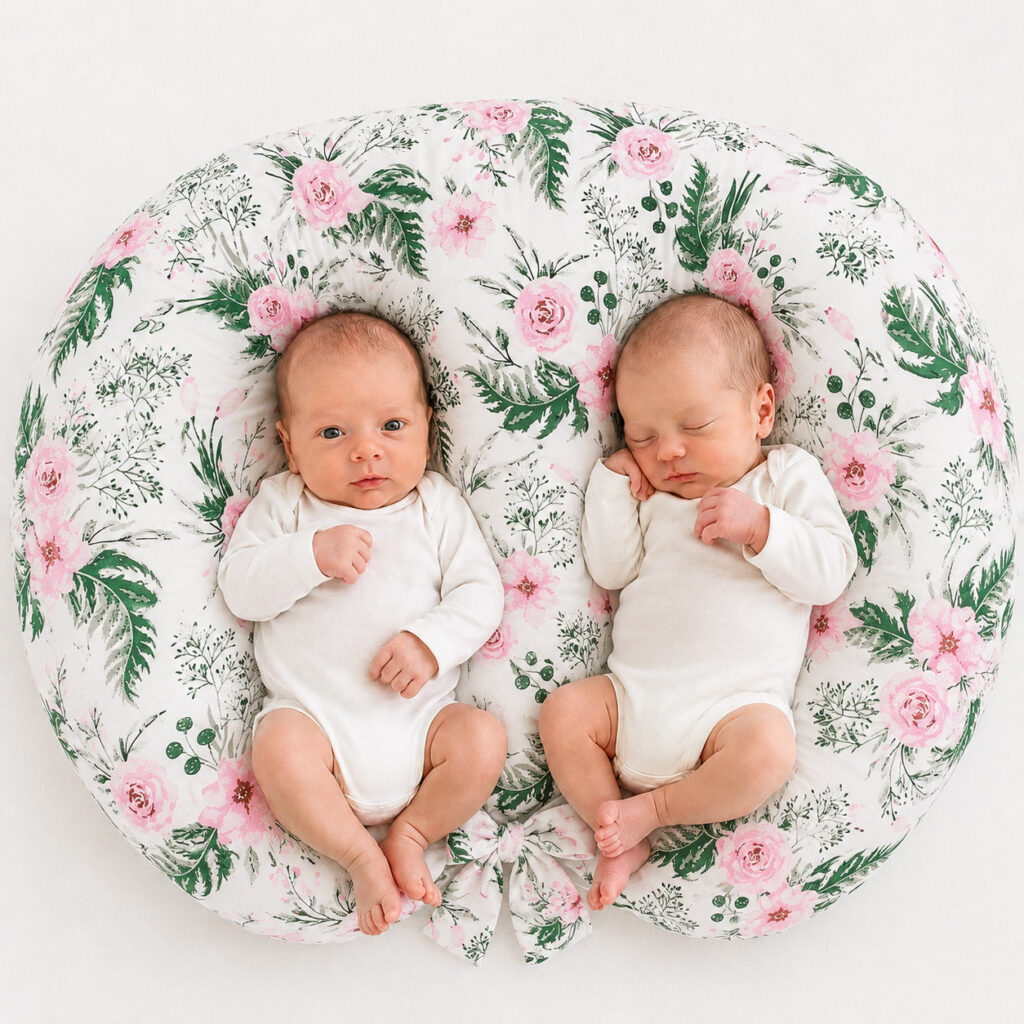 Twin nursing pillow, Breastfeeding Croissant Pillow, removable, Hands-Free Feeding-peony flower pink