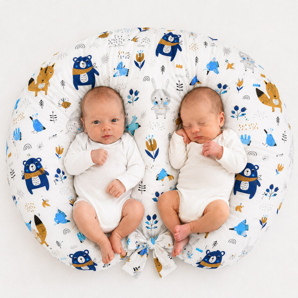 Twin nursing pillow, Breastfeeding Croissant Pillow, removable, Hands-Free Feeding- navy blue bears