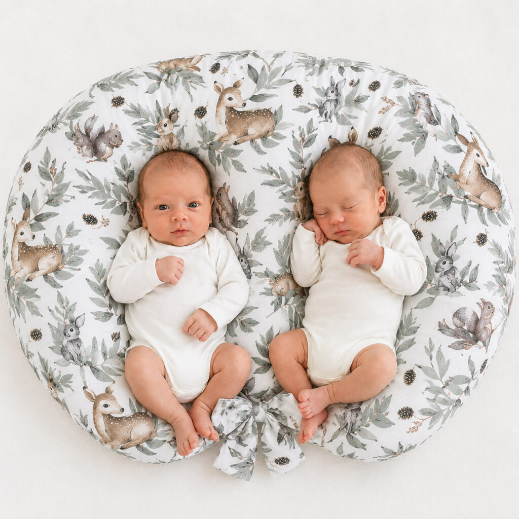 Twin nursing pillow, Breastfeeding Croissant Pillow, removable, Hands-Free Feeding- woodland olive