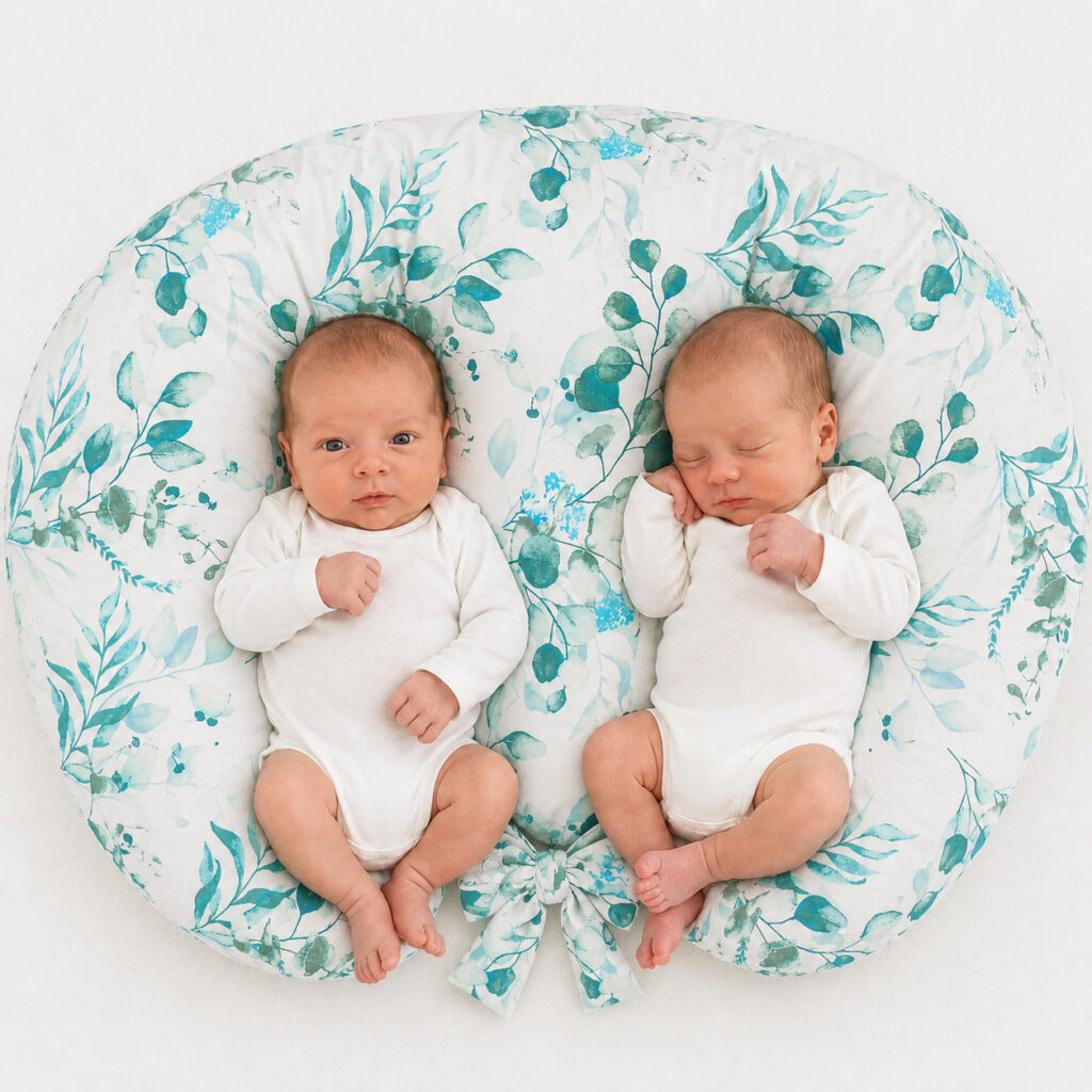 Twin nursing pillow, Breastfeeding Croissant Pillow, removable, Hands-Free Feeding- eucaliptus mint