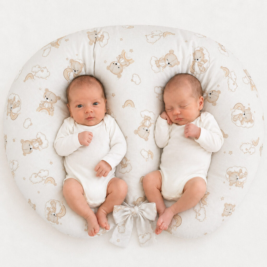 Twin nursing pillow, Breastfeeding Croissant Pillow, removable, Hands-Free Feeding- rainbow bear